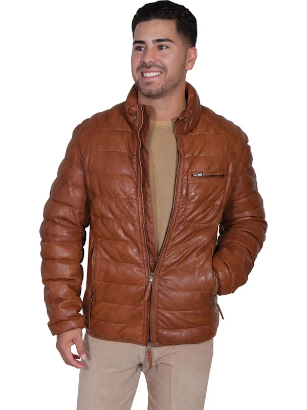 A man wearing a Mens Cognac Leather Ribbed Puffer Jacket.