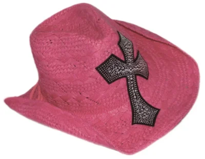 Rhinestone western cross pink straw cowboy hat