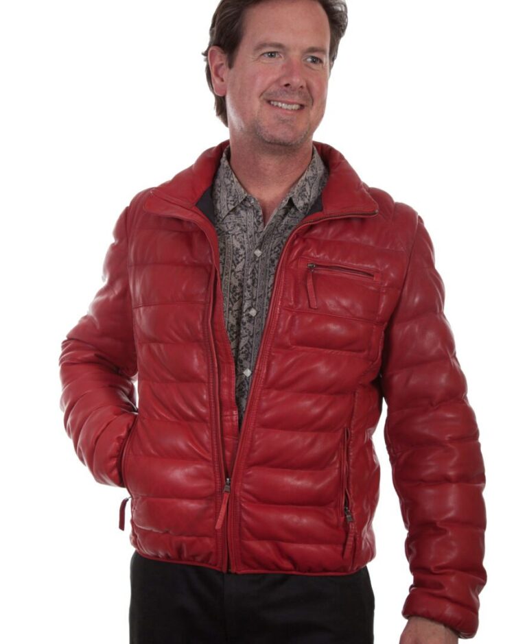 Mens Red Leather Ribbed Puffer Jacket Product Image
