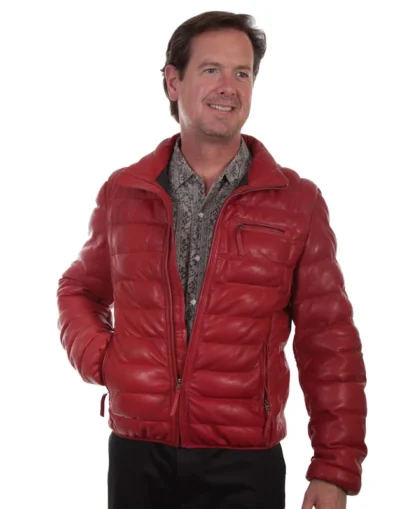 Mens red Leather Ribbed Puffer Jacket