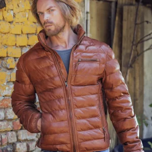 Mens brown cognac Leather Ribbed Puffer Jacket