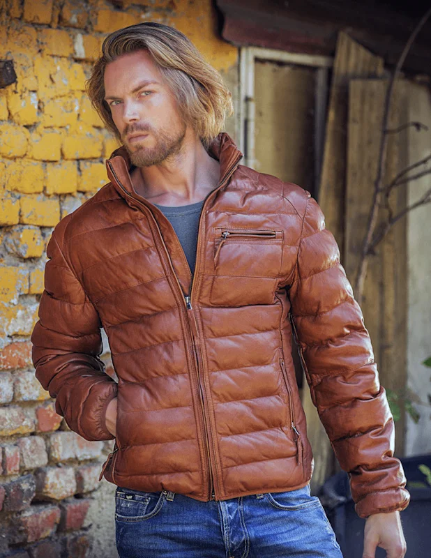 Mens brown cognac Leather Ribbed Puffer Jacket