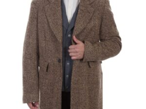 A man wearing a Mens Scully USA Made 3/4 Brown Herringbone Pile Frock Coat.