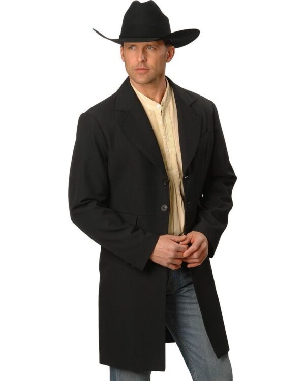 A man wearing a Mens Scully USA Made 3/4 Black Frock Dragon Lined Coat and cowboy hat.