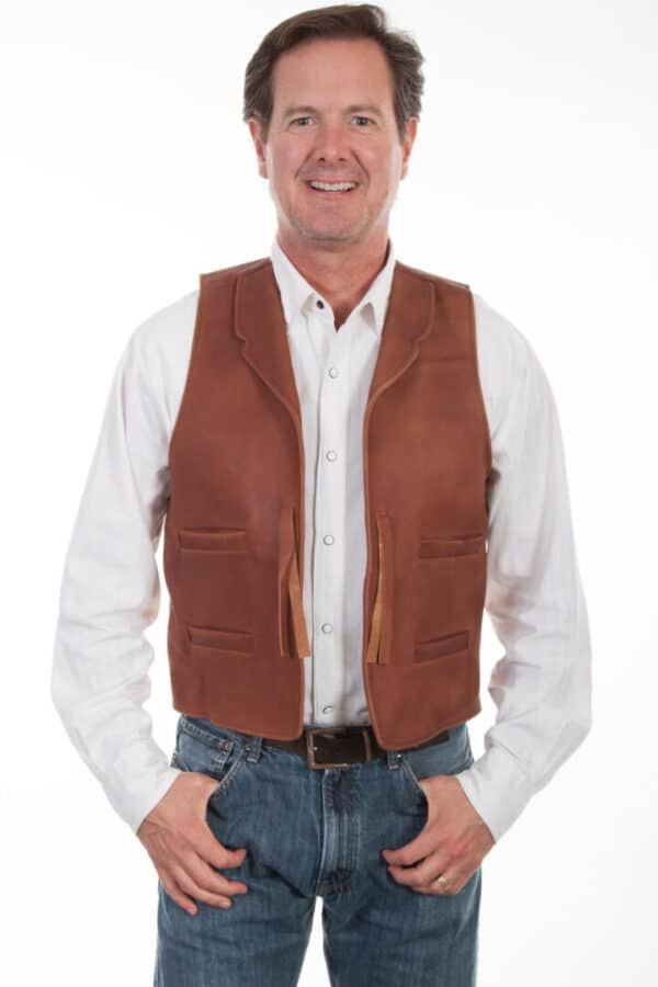 A man wearing a "Wayne" Scully Brown leather Tassel Front Mens Old West Vest.