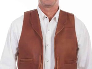 A man wearing a "Wayne" Scully Brown leather Tassel Front Mens Old West Vest.