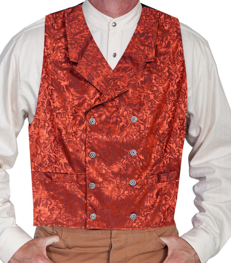 A man wearing a Scully Mens USA Made Rust Paisley Double Breasted Silk Vest.