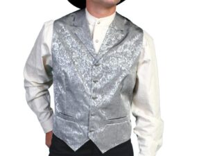 A man wearing a Scully Mens USA Made Grey Silk Lapel Western Vest and cowboy hat.