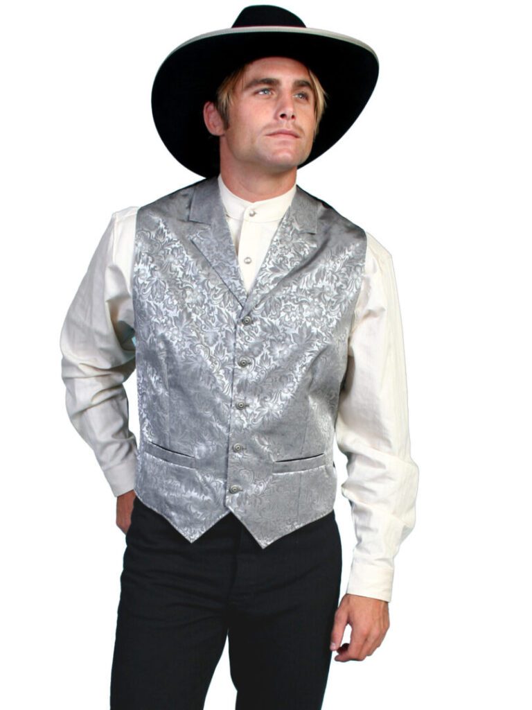 A man wearing a Scully Mens USA Made Grey Silk Lapel Western Vest and cowboy hat.