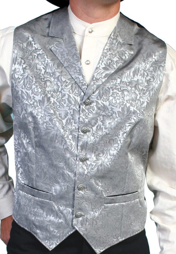 A man wearing a Scully Mens USA Made Grey Silk Lapel Western Vest and hat.