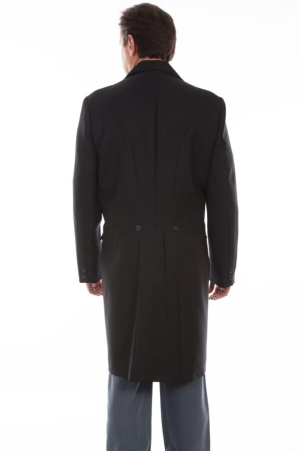 The back view of a man in a Mens Scully USA Made 3/4 Black Frock Coat.