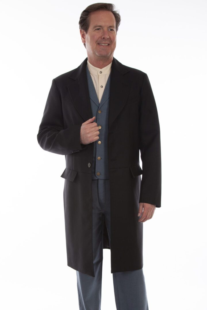 A man wearing a Mens Scully USA Made 3/4 Black Frock Coat.