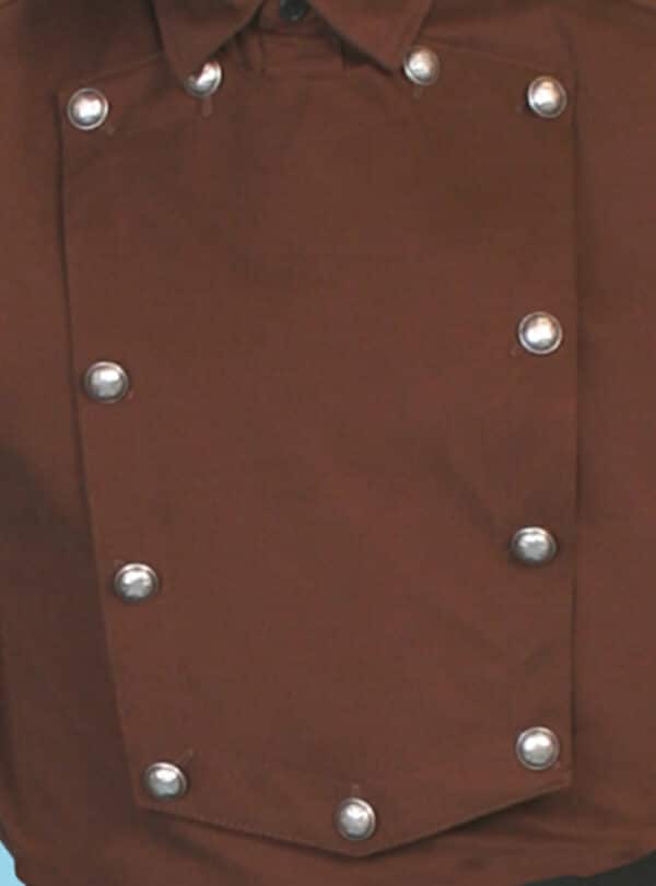 A man wearing a brown jacket with silver buttons.