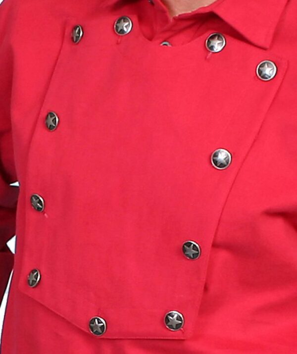 A man is wearing a Mens Scully Wahmaker RED Cavalry bib shirt USA BIG n TALL with buttons.