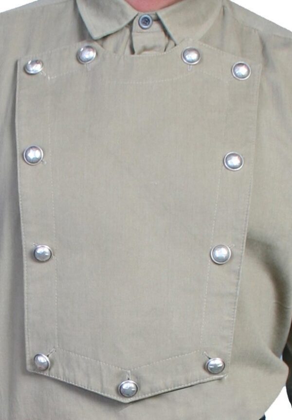 A man in a Mens Scully Wahmaker TAN Cavalry bib shirt USA BIG n TALL with buttons on his chest.