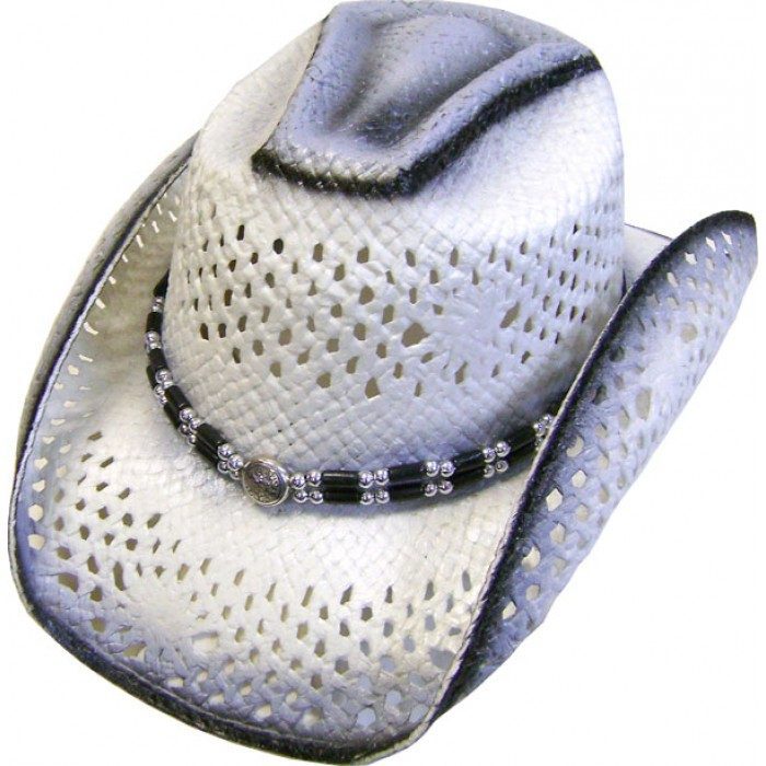 A Nante Pinch Front Gray Stained White Straw cowboy hat on a white background.