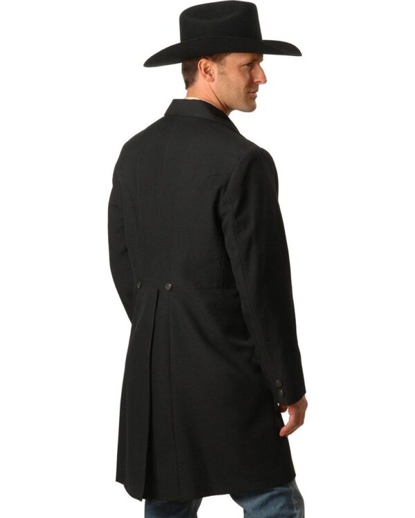 The back of a man wearing a Mens Scully USA Made 3/4 Black Frock Coat and cowboy hat.