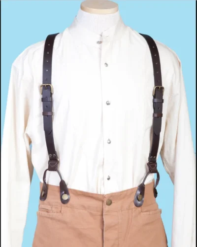 Scully Mens Brown Leather USA made Old West Suspenders 1" <ul style="list-style: square inside none;"> <li>1" wide</li> <li>Leather "mustache" style</li> <li>Adjustable. 48" long</li> <li>Made in usa</li> </ul> •