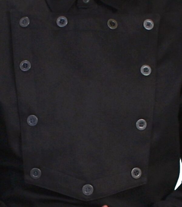 A close-up of a Scully Pewter Button Black Cavalry Bib Shirt USA made.