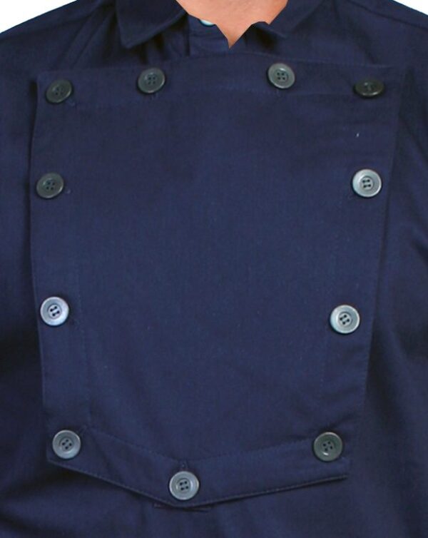 A man in a Scully Wahmaker Pewter Button Navy Cavalry Bib Shirt USA RegTall with buttons on his chest.