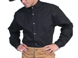 A man wearing a cowboy hat and a Men's Scully Insert Bib Black tone on tone shirt USA.