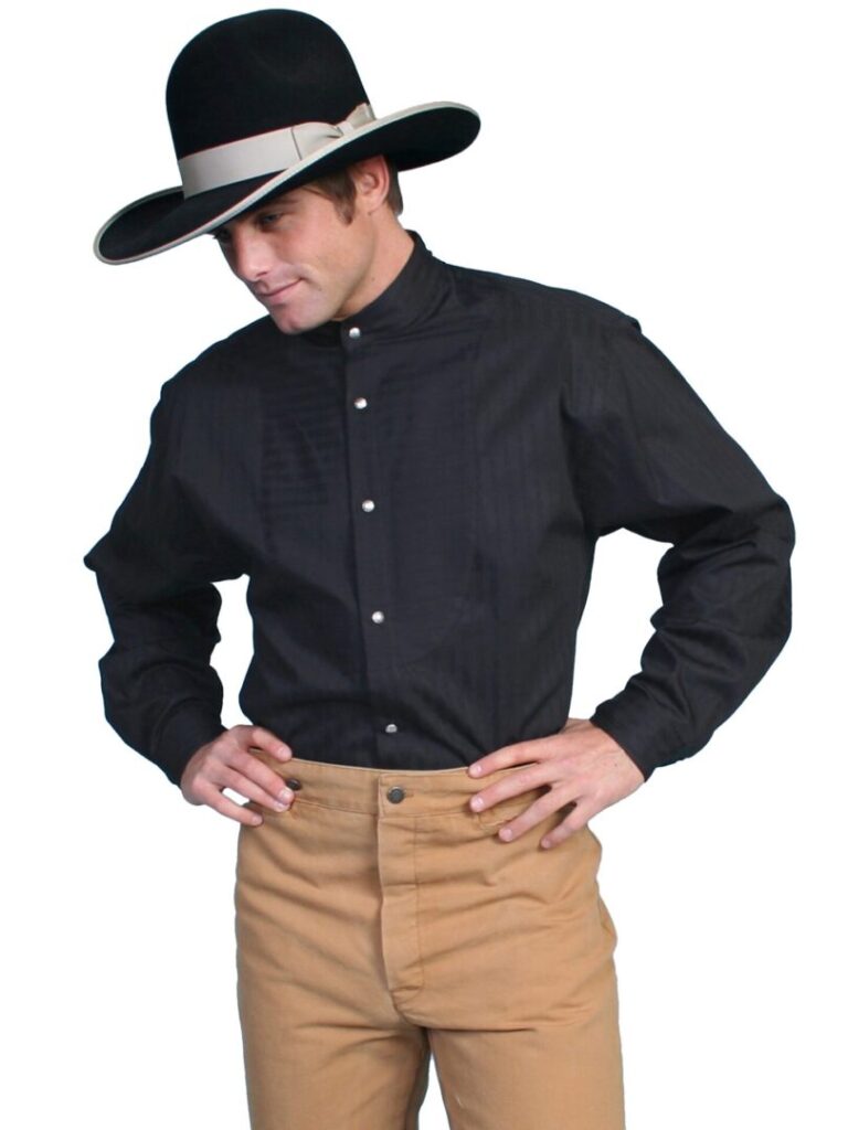 A man wearing a cowboy hat and a Men's Scully Insert Bib Black tone on tone shirt USA.
