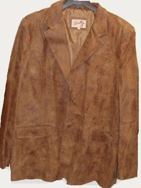 A Mens Scully Maple Leather Traditional Cowboy Blazer hanging on a hanger.