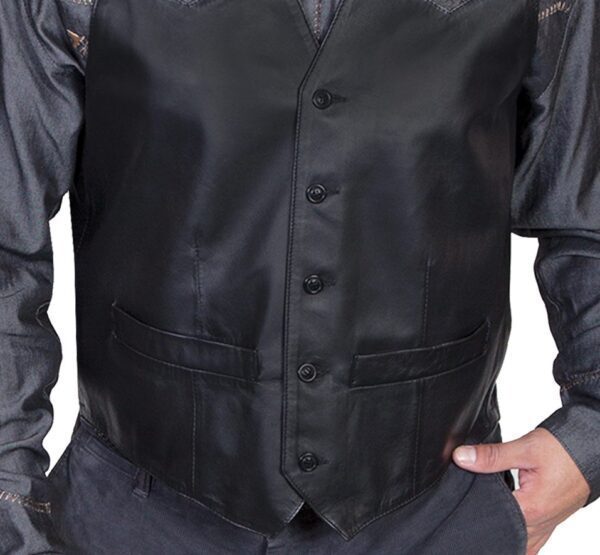 A man wearing a Mens Scully Black lambskin leather Ostrich Western Vest.