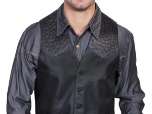 A man wearing a Mens Scully Black lambskin leather Ostrich Western Vest.