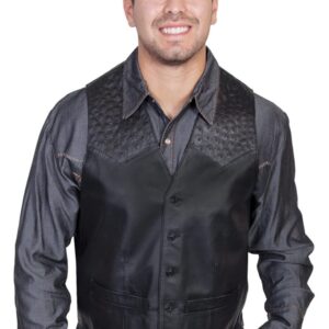 A man wearing a Mens Scully Black lambskin leather Ostrich Western Vest.