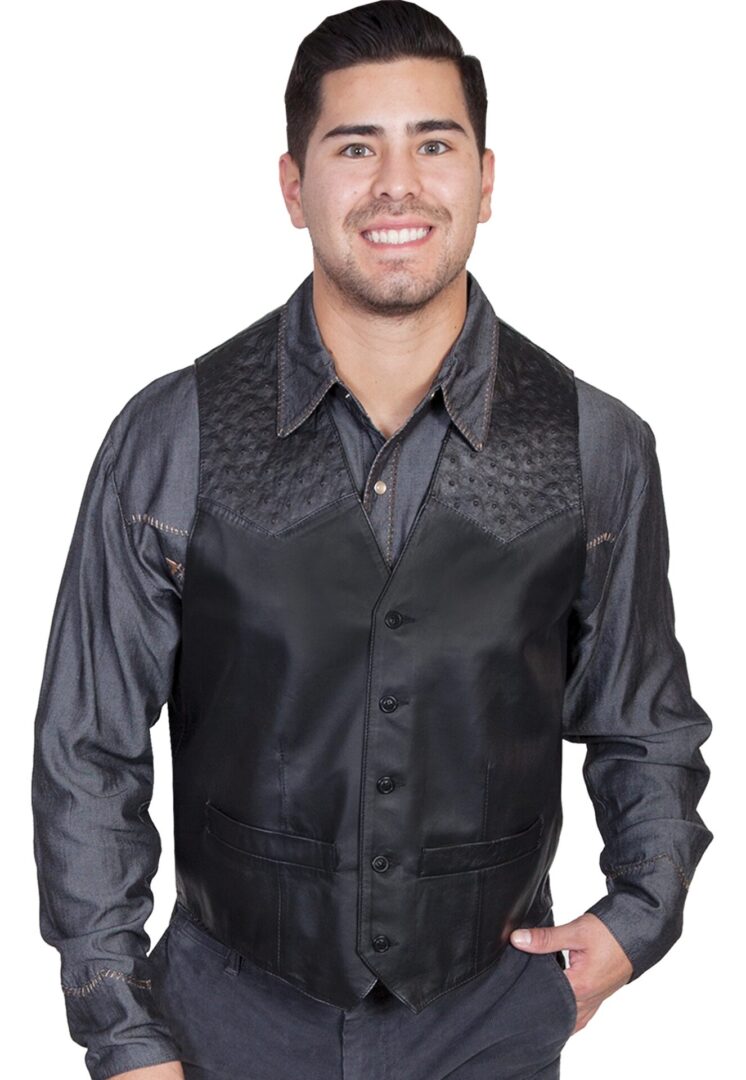 A man wearing a Mens Scully Black lambskin leather Ostrich Western Vest.