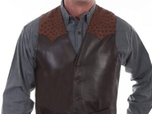 A man wearing a Mens Scully Brown lambskin leather Ostrich Western Vest.