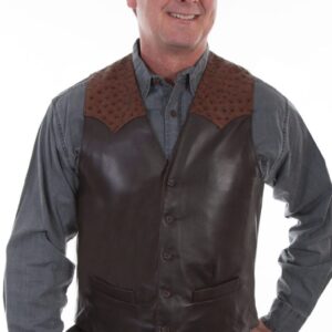 A man wearing a Mens Scully Brown lambskin leather Ostrich Western Vest.