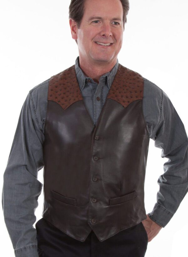 A man wearing a Mens Scully Brown lambskin leather Ostrich Western Vest.