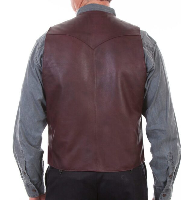 The back view of a man wearing a Mens Scully Black Cherry lambskin leather Ostrich Western Vest.
