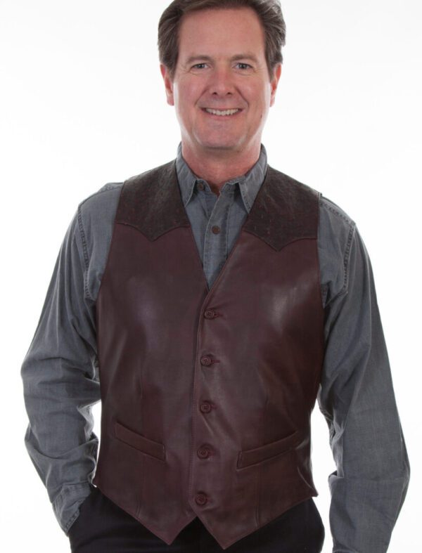 A man wearing a Mens Scully Black Cherry lambskin leather Ostrich Western Vest.