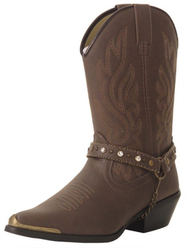 A pair of SIZE 9.5 Womens Distressed Brown fashion cowboy boots with studs and buckles.