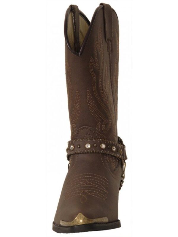 A pair of SIZE 9.5 Womens Distressed Brown fashion cowboy boots with studs and buckles.