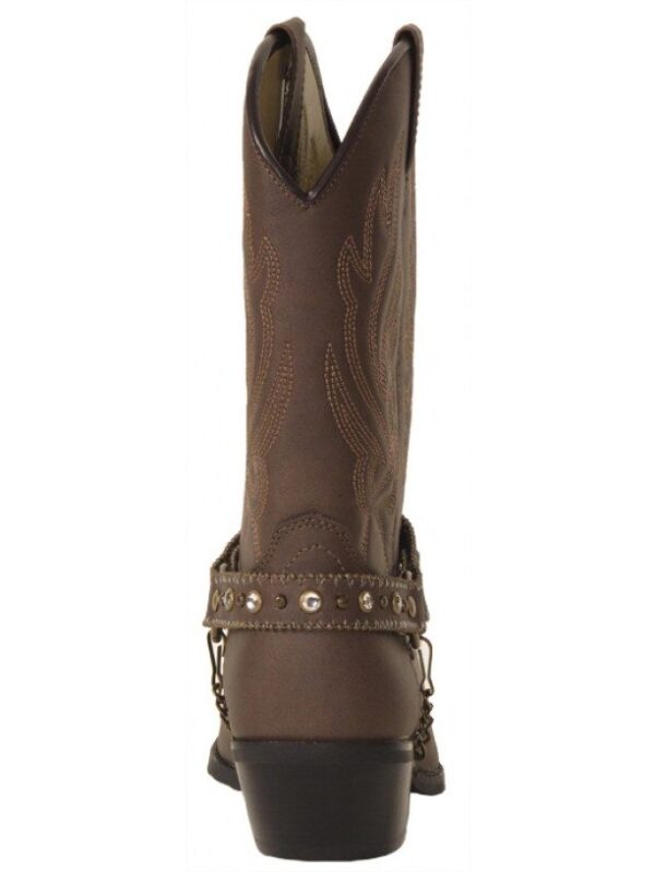 A pair of SIZE 9.5 Womens Distressed Brown fashion cowboy boots with studs on the side.