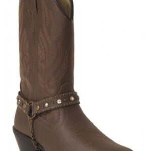 A pair of SIZE 9.5 Womens Distressed Brown fashion cowboy boots with studded straps.