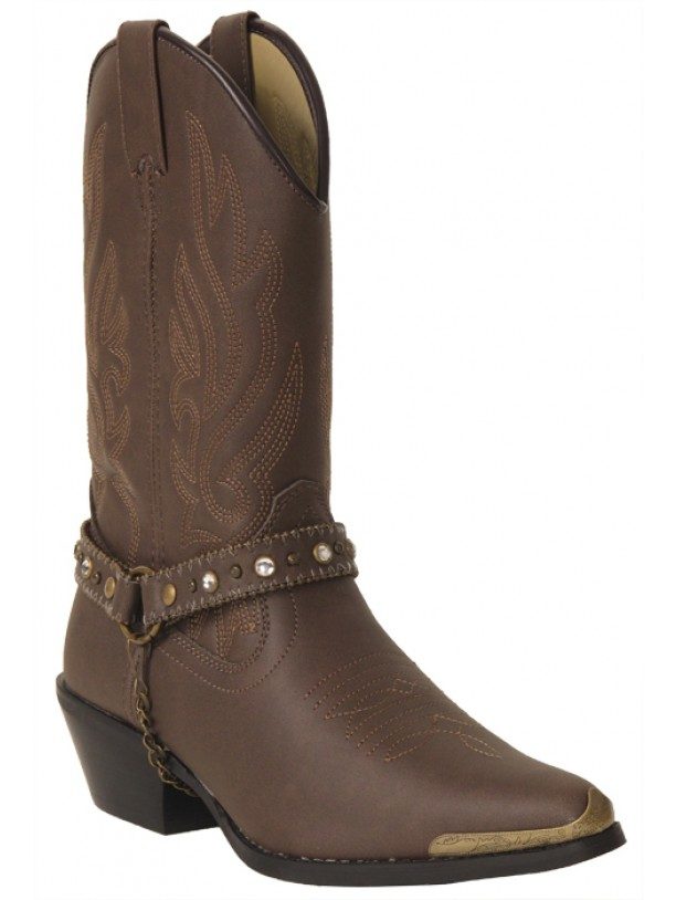 A pair of SIZE 9.5 Womens Distressed Brown fashion cowboy boots with studded straps.