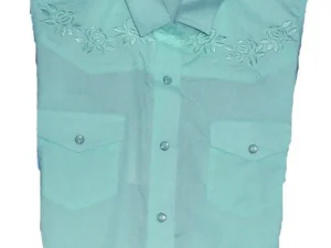 Aqua Glacier sleeveless rose embroidered women's western shirt with pearl snap front.