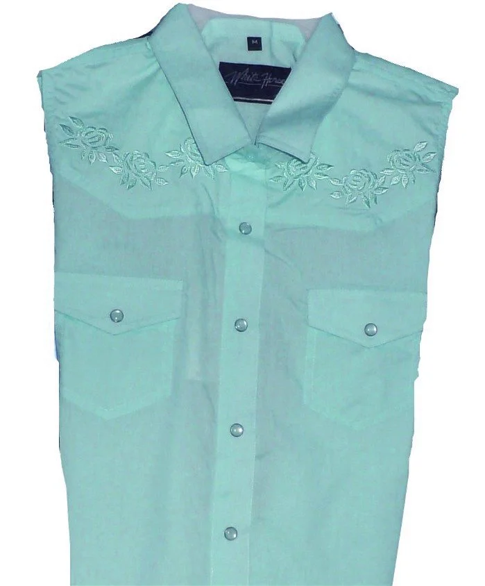 Aqua Glacier sleeveless rose embroidered women's western shirt with pearl snap front.