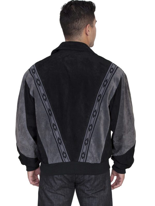 The back view of a man wearing a Scully Mens 2-Tone Black Gray Suede Zip Front Rodeo Jacket.