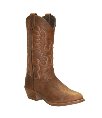 A brown cowboy boot with an embroidered design made of Mens USA Made Tan Bison Leather Cowboy boots.