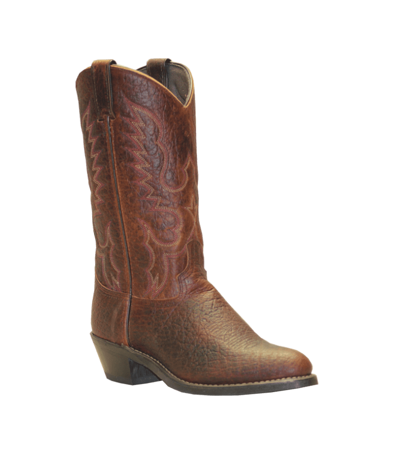 Mens USA Made Antique Brown Bison Leather Cowboy boots made of bison leather on a white background.
