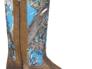 A pair of Womens 11 Square Toe True Timber Blue Camo cowboy boots with blue accents.