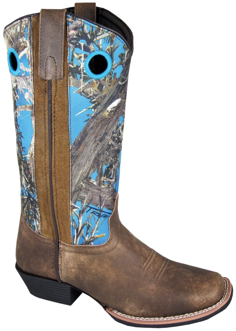 A pair of Womens 11 Square Toe True Timber Blue Camo cowboy boots with blue accents.