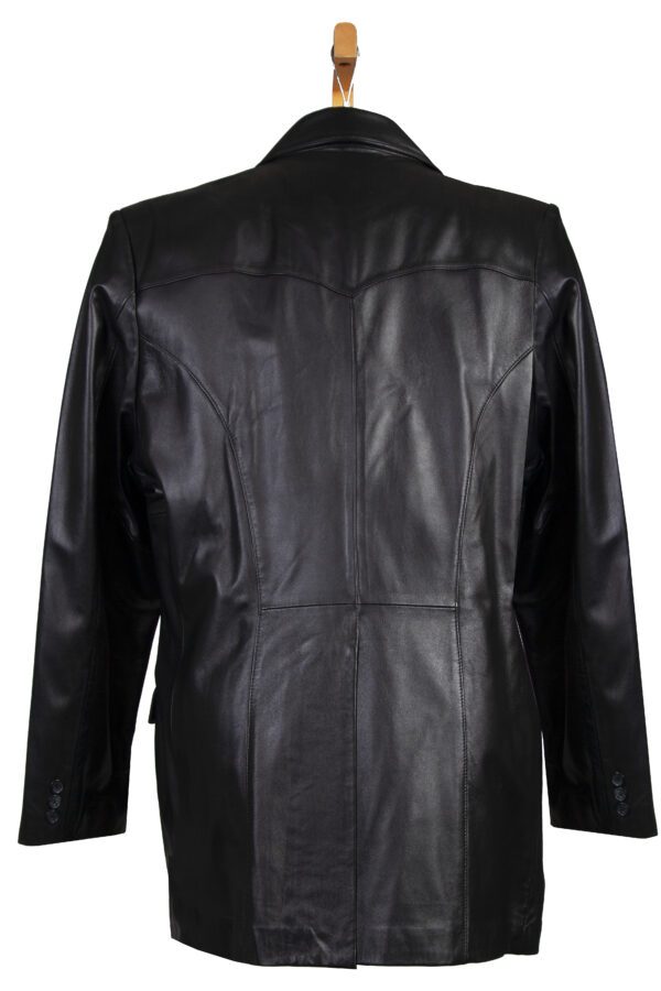 A Scully Mens Black Lambskin Leather Ostrich Blazer on a mannequin dummy.