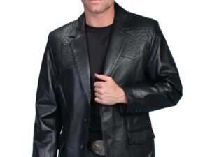 A man wearing a Scully Mens Black Lambskin Leather Ostrich Blazer and jeans.
